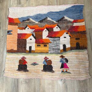 Peruvian Folk Art Tapestry Bohemian Decor Wool Colorful Village Mountain